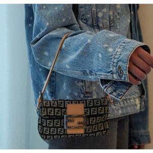 Fendi Vintage Mini FF Zucchino Canvas Baguette Shoulder Bag